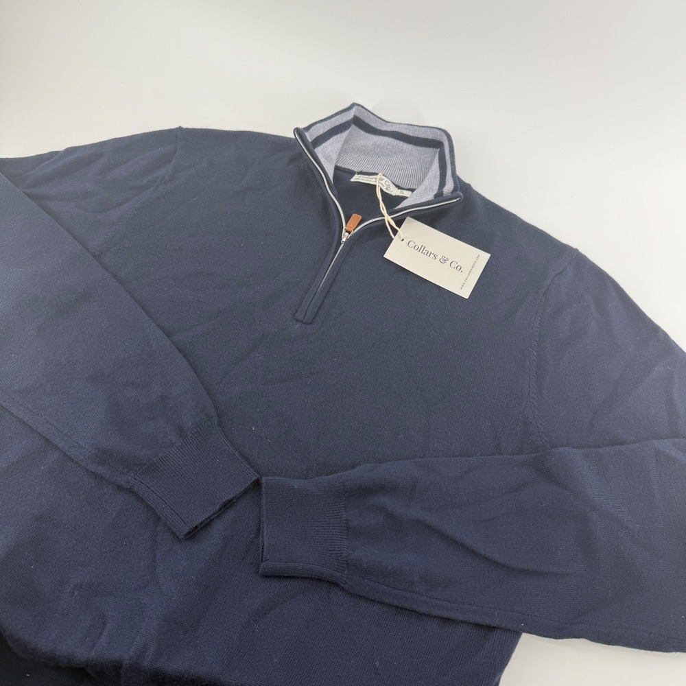 Collars & Co Mens Australian Merino Wool Quarter Zip Sweater Navy Blue Small
